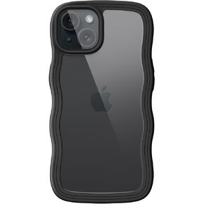 JETech Cute Case for iPhone 15 6.1-Inch, Wave Frame Curly Shape Shockproof Phone Cover for Women and Girls, Clear Hard PC Back (Black)