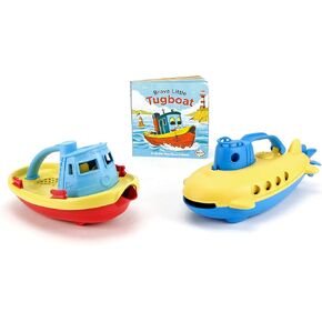 Green Toys Tugboat Blue, Submarine Blue and Tug Board Book Bundle