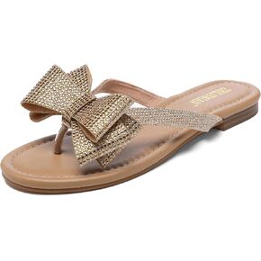 Womens Flat Bow Sparkly Flip Flop Sandals,Ladies Rhinestones Comfortable Thong Slide Dressy Casual Cute Trendy Vacation Beach Slip on Glitter Slippers Shoe