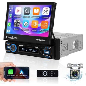 Single Din Touchscreen Car Stereo with Wirelesss Apple Carplay and Android Auto - 7 Inch 1 Din Flip Out Car Radio with Bluetooth - Mirror Link/FM/EQ/USB/AUX/SWC + 12 LED Backup Camera + Mic