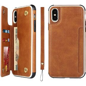 iCoverCase iPhone Xs Max Wallet Case with Card Slots, Wrist Strap & PU Leather Kickstand - Shockproof Cover 6.5" (Gray)