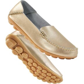 DUOYANGJIASHA Women's Comfortable Loafers Casual Round Toe Moccasins Wild Driving Flats Soft Walking Shoes Women Slip On Gold