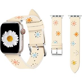 Floral Leather Band Compatible with Apple Watch Band 41/40/38/44/45/42/49mm Women, Cute Fancy Bracelet Handmade Daisy Stitched Designer Strap for iWatch Series 9/8/7/6/5/4/3/2/1/SE
