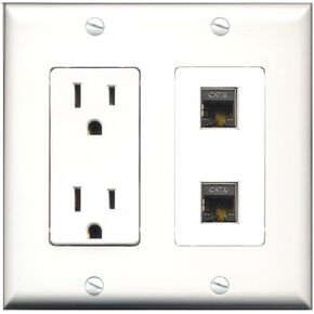 RiteAV - 15 Amp Power Outlet 2 Port Shielded Cat6 Ethernet Decorative Type Wall Plate White