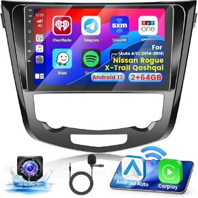 2+64G Android 13 CarPlay Car Stereo Radio for Nissan Rogue X-Trail Qashqai (Auto A/C) 2014-2018, 10.1'' HD Touch Screen with Android Auto, AHD Backup Camera, Mirror Link, GPS, WiFi, FM RDS