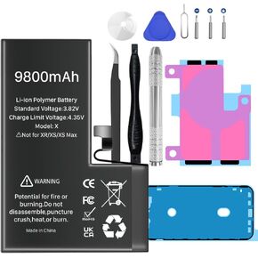 بطارية لهاتف iPhone X، 9800 مللي أمبير في الساعة، بطارية بديلة جديدة فائقة السعة 0 دورة متوافقة مع iPhone X A1865، A1901، A1902 مع مجموعة أدوات إصلاح كاملة in Kuwait