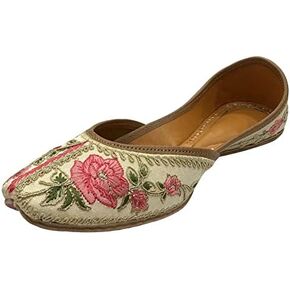 White Multi Print Thread Work Jutti for Women's Soft Flat Ethnic Handmade Traditional Jooti Wedding Indian Shoes