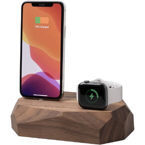 Oakywood Solid Wood Combo Dock Compatible with iPhone and Apple Watch, for 2 Apple Devices, Lightning Cord Lincluded, Wooden Docking Station Stand, Handcrafted, Natural Wood. Hand Polished, Oak