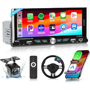 Podofo Wireless Carplay Single Din Radio with Wireless Android Auto, 6.9" HD IPS Touchscreen Car Stereo with BT Mirror Link, AM/FM Radio,USB/Type-C/TF/AUX Port Backup Camera
