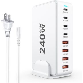 240W GaN USB Charger, 8 Port USB C Fast Charger Block, PD100W Multi-port Charging Station, Type C Portable Wall Charger Power Adapter Plug for Samsung/iPhone/Google, Laptop Charger for MacBook Pro/Air