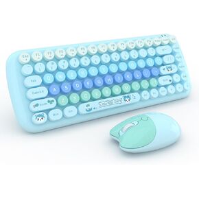 2.4G USB Wireless Keyboard and Mouse Combo, Multi-Color Typewriter Style Round Keycap, Cute Candy Colors, Compatible with Notebook, PC