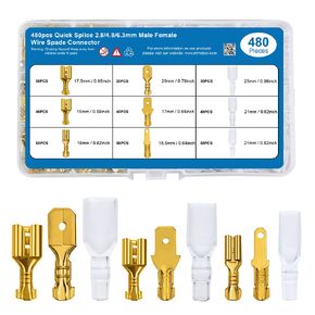 MMOBIEL 480 Pcs Spade Connectors Assortment Wire Crimp Terminal Block with Insulating Sleeves for Electrical Wiring - Car Audio Speaker Wiring - 2.8mm 4.8mm 6.3mm Male and Female - Gold