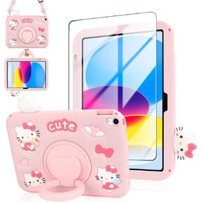 Coolden for iPad 10th Generation Case for Kids Girls iPad 10th 10.9 Case with Screen Protector Shoulder Strap Kickstand Cute Cat Cartoon Silicone Protective Case for iPad 10th Gen Case (2022)-Pink in Kuwait