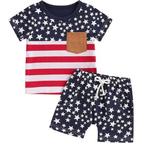 4th of July Baby Boy Outfit Short Sleeve Letter Print T-Shirt Infant Toddler Boys Star Stripe Flag Shorts Set