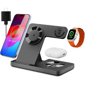Magnetic 3 in 1 Wireless Charging Station for Magsafe iPhone 12-15 Series, Charging Station for Multiple Devices, Mag-Safe Wireless Charger Stand for Apple Watch 9/8/7/6/5/4/3/2/SE & AirPods 3/2/Pro