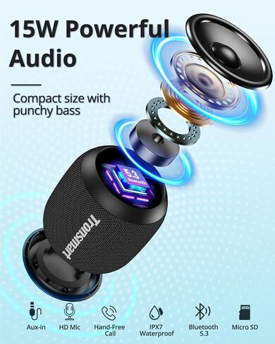 Tronsmart T7 Mini Compact Portable Bluetooth Speaker with Lights, Stereo Sound, Bluetooth 5.3, 18H Playtime, Stereo Pairing, Voice Assistant, IPX7 Waterproof Shower Speaker & Outdoor Speakers (Grey) in Kuwait