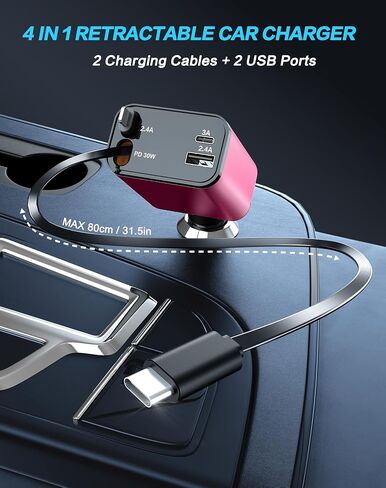 Retractable Car Charger, 4 in 1 Fast Car Phone Charger, Car Charger Adapter with 2 Retractable Cords 2.6ft & 2 USB Ports, Compatible with iPhone 15/14/13/12/11 Series, Galaxy, Pixel in Saudi Arabia