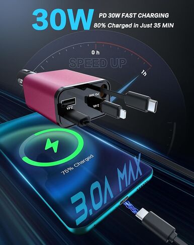 Retractable Car Charger, 4 in 1 Fast Car Phone Charger, Car Charger Adapter with 2 Retractable Cords 2.6ft & 2 USB Ports, Compatible with iPhone 15/14/13/12/11 Series, Galaxy, Pixel in Saudi Arabia