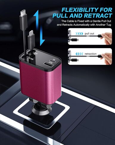 Retractable Car Charger, 4 in 1 Fast Car Phone Charger, Car Charger Adapter with 2 Retractable Cords 2.6ft & 2 USB Ports, Compatible with iPhone 15/14/13/12/11 Series, Galaxy, Pixel in Saudi Arabia