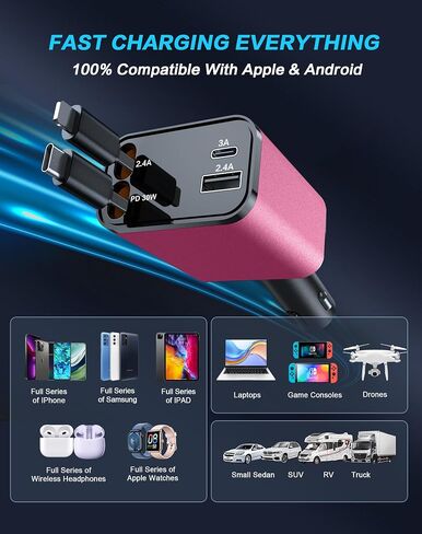 Retractable Car Charger, 4 in 1 Fast Car Phone Charger, Car Charger Adapter with 2 Retractable Cords 2.6ft & 2 USB Ports, Compatible with iPhone 15/14/13/12/11 Series, Galaxy, Pixel in Saudi Arabia
