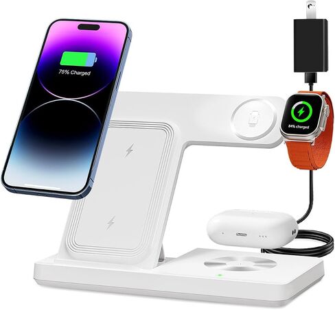 Wireless Charger, 3 in 1 Charging Station for Multi Devices, Charging Stand Dock for iPhone 8-16 Series, Apple Watch, AirPods Pro 3 2 with Adapter (White) in Kuwait