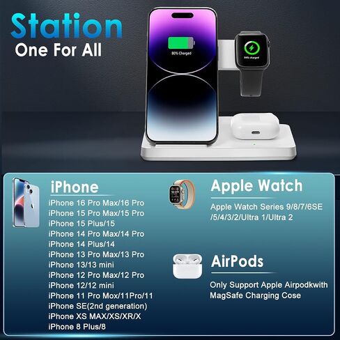 Wireless Charger, 3 in 1 Charging Station for Multi Devices, Charging Stand Dock for iPhone 8-16 Series, Apple Watch, AirPods Pro 3 2 with Adapter (White) in Kuwait
