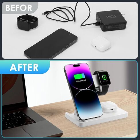 Wireless Charger, 3 in 1 Charging Station for Multi Devices, Charging Stand Dock for iPhone 8-16 Series, Apple Watch, AirPods Pro 3 2 with Adapter (White) in Kuwait