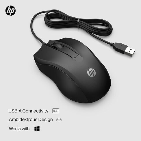 HP Wired Mouse 100 - Precise Optical Sensor with 1600 DPI - Easy USB Connection - Ambidextrous Design - 3 Button Control & Built-in Scrolling - Multi-OS Compatible (6VY96AA#ABL) in Kuwait