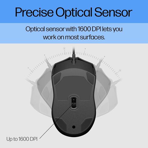 HP Wired Mouse 100 - Precise Optical Sensor with 1600 DPI - Easy USB Connection - Ambidextrous Design - 3 Button Control & Built-in Scrolling - Multi-OS Compatible (6VY96AA#ABL) in Kuwait
