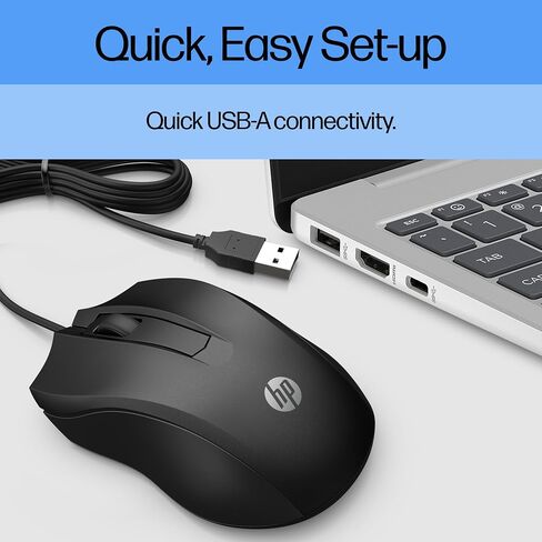 HP Wired Mouse 100 - Precise Optical Sensor with 1600 DPI - Easy USB Connection - Ambidextrous Design - 3 Button Control & Built-in Scrolling - Multi-OS Compatible (6VY96AA#ABL) in Kuwait