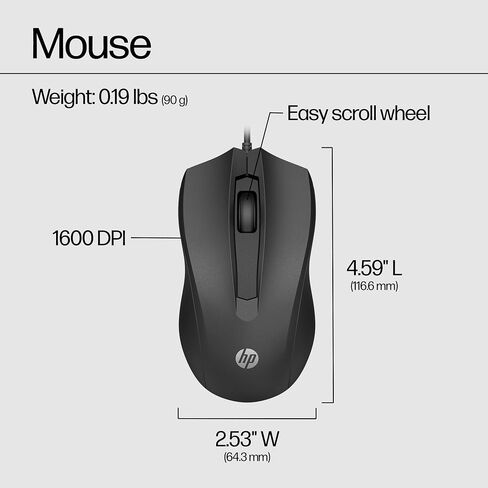 HP Wired Mouse 100 - Precise Optical Sensor with 1600 DPI - Easy USB Connection - Ambidextrous Design - 3 Button Control & Built-in Scrolling - Multi-OS Compatible (6VY96AA#ABL) in Kuwait