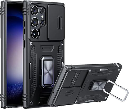 for Samsung Galaxy S23 Case - Shockproof Cases for S23 5G - Built-in Slide Anti-Scratch Camera Lens Cover - Integrated Magnetic 360 Degree Rotating Ring Kickstand,6.1 Inch,Black in Kuwait