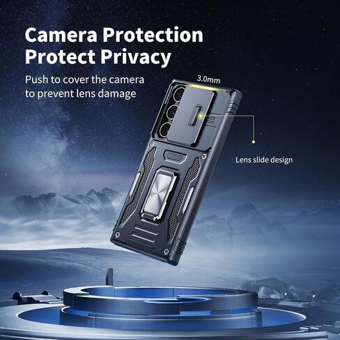 for Samsung Galaxy S23 Case - Shockproof Cases for S23 5G - Built-in Slide Anti-Scratch Camera Lens Cover - Integrated Magnetic 360 Degree Rotating Ring Kickstand,6.1 Inch,Black in Kuwait