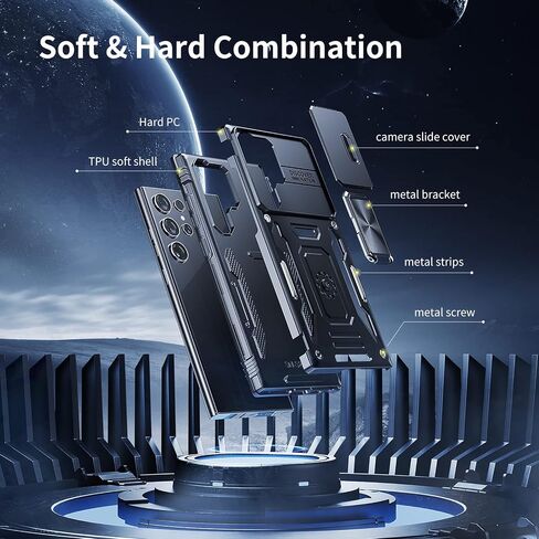 for Samsung Galaxy S23 Case - Shockproof Cases for S23 5G - Built-in Slide Anti-Scratch Camera Lens Cover - Integrated Magnetic 360 Degree Rotating Ring Kickstand,6.1 Inch,Black in Kuwait