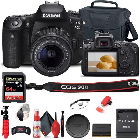 Canon EOS 90D DSLR Camera with 18-55mm Lens (3616C009) + 64GB Memory Card + Case + Card Reader + Flex Tripod + Hand Strap + Cap Keeper + Memory Wallet + Cleaning Kit (Renewed) in Saudi Arabia