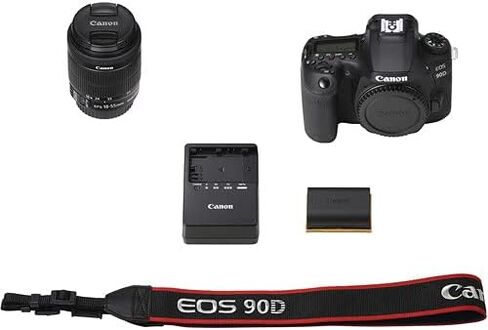 Canon EOS 90D DSLR Camera with 18-55mm Lens (3616C009) + 64GB Memory Card + Case + Card Reader + Flex Tripod + Hand Strap + Cap Keeper + Memory Wallet + Cleaning Kit (Renewed) in Saudi Arabia