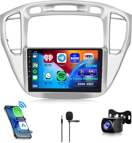 راديو سيارة 8 CORE 2G+64G لسيارة Toyota Highlander 2000-2007 مع CarPlay/Android Auto، Podofo 9 بوصة 1280 * 720P IPS شاشة لمس ستيريو Android 13 GPS WiFi Bluetooth DSP SWC + كاميرا احتياطية عالية الدقة in Saudi Arabia