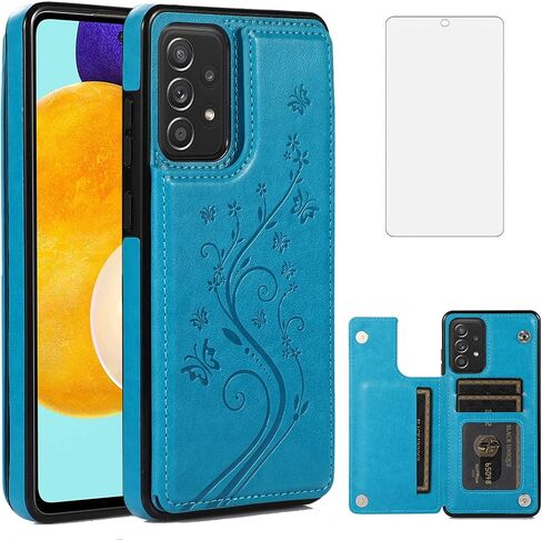 Phone Case for Samsung Galaxy A53 5G 2022 with Tempered Glass Screen Protector Card Holder Wallet Cover Stand Flip Leather Cell Accessories Gaxaly A53 G5 Galaxies 53A SM A536U Cases Women Men Blue in Kuwait