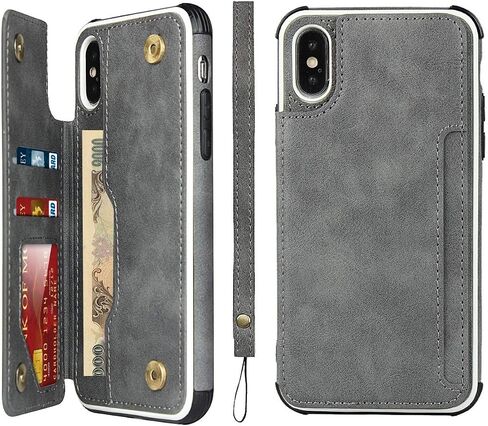 iCoverCase iPhone Xs Max Wallet Case with Card Slots, Wrist Strap & PU Leather Kickstand - Shockproof Cover 6.5" (Gray) in Saudi Arabia