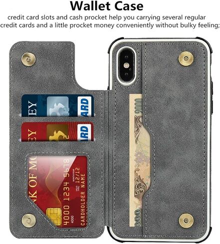 iCoverCase iPhone Xs Max Wallet Case with Card Slots, Wrist Strap & PU Leather Kickstand - Shockproof Cover 6.5" (Gray) in Saudi Arabia