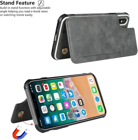 iCoverCase iPhone Xs Max Wallet Case with Card Slots, Wrist Strap & PU Leather Kickstand - Shockproof Cover 6.5" (Gray) in Saudi Arabia
