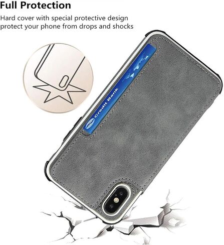 iCoverCase iPhone Xs Max Wallet Case with Card Slots, Wrist Strap & PU Leather Kickstand - Shockproof Cover 6.5" (Gray) in Saudi Arabia