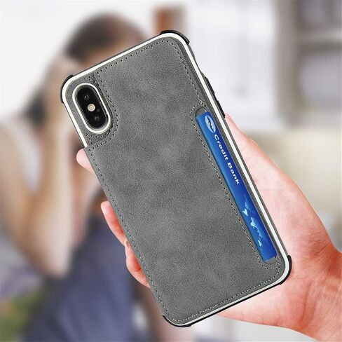 iCoverCase iPhone Xs Max Wallet Case with Card Slots, Wrist Strap & PU Leather Kickstand - Shockproof Cover 6.5" (Gray) in Saudi Arabia