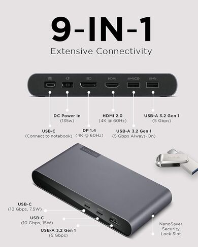 محطة إرساء Lenovo USB-C Universal Business Dock 40B30090TA Bundle w/Docztorm Dock، تدعم شاشتين خارجيتين (DP&HDMI)، 3 منافذ USB-A و2 USB-C، متوافقة مع Windows، لون رمادي عاصف (عبوتان) in Saudi Arabia