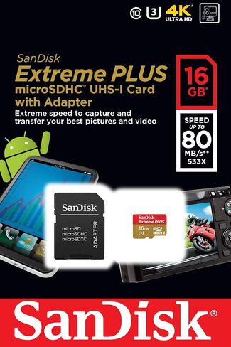 SanDisk Extreme Plus 16GB MicroSDHC UHS-I Memory Card Speed Up To 80MB/s With Adapter- SDSDQX-016G-U46A (Older Version) in Saudi Arabia