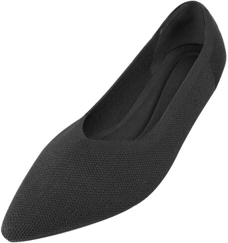 أحذية JBB النسائية المسطحة بمقدمة مدببة أحذية الباليه المحبوكة بكعب منخفض سهلة الارتداء للمشي فستان كاجوال بدون كعب بدون كعب أسود نقي 9 in Kuwait