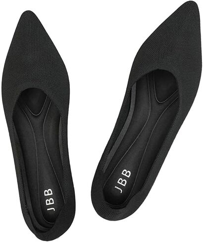 أحذية JBB النسائية المسطحة بمقدمة مدببة أحذية الباليه المحبوكة بكعب منخفض سهلة الارتداء للمشي فستان كاجوال بدون كعب بدون كعب أسود نقي 9 in Kuwait