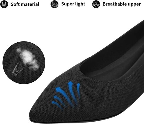 أحذية JBB النسائية المسطحة بمقدمة مدببة أحذية الباليه المحبوكة بكعب منخفض سهلة الارتداء للمشي فستان كاجوال بدون كعب بدون كعب أسود نقي 9 in Kuwait