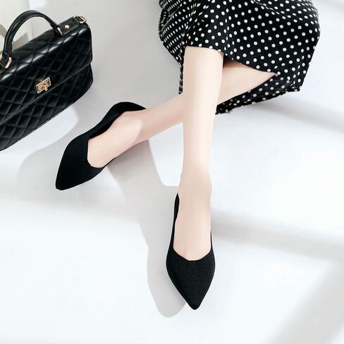 أحذية JBB النسائية المسطحة بمقدمة مدببة أحذية الباليه المحبوكة بكعب منخفض سهلة الارتداء للمشي فستان كاجوال بدون كعب بدون كعب أسود نقي 9 in Kuwait