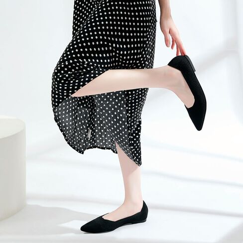 أحذية JBB النسائية المسطحة بمقدمة مدببة أحذية الباليه المحبوكة بكعب منخفض سهلة الارتداء للمشي فستان كاجوال بدون كعب بدون كعب أسود نقي 9 in Kuwait